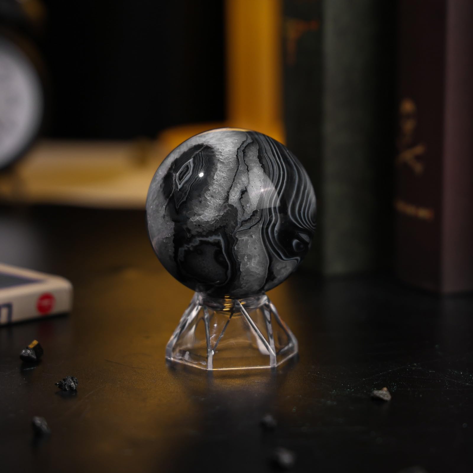 dssmboom Natural Black Striped Agate Crystal Ball with Acrylic Display Base - Image 3