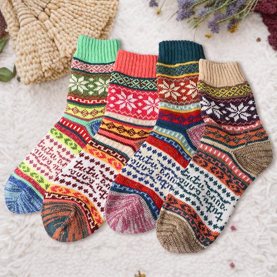 Women Wool Socks 5 Pair,Winter Warm Snowflake Sock,Warm Winter Socks,Soft Cotton Wool,Fuzzy Sock Gifts for Women Men,One Size4
