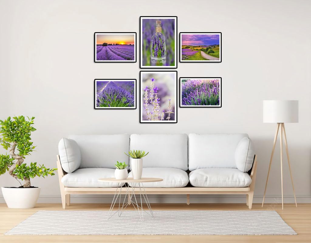 DKORARTE Set 6 cuadros base madera, Decoración Salón Modernos, Dormitorios, Habitación, paisaje, naturaleza, Campos Lavanda Brihuega con colgadores metálicos, (38 x 29 cm cada cuadro)