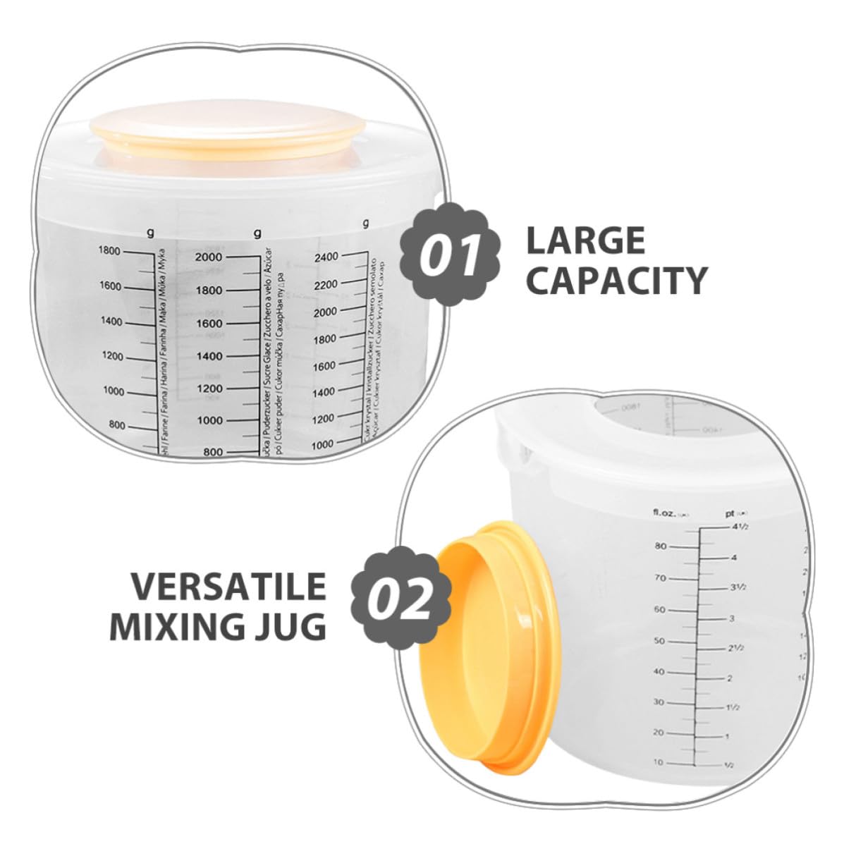2 Tazas Medidoras de Plástico con Tapa de 2,5l para Líquidos, Diseño de Gran Capacidad y Uso Versátil en Cocina Doméstica para Repostería