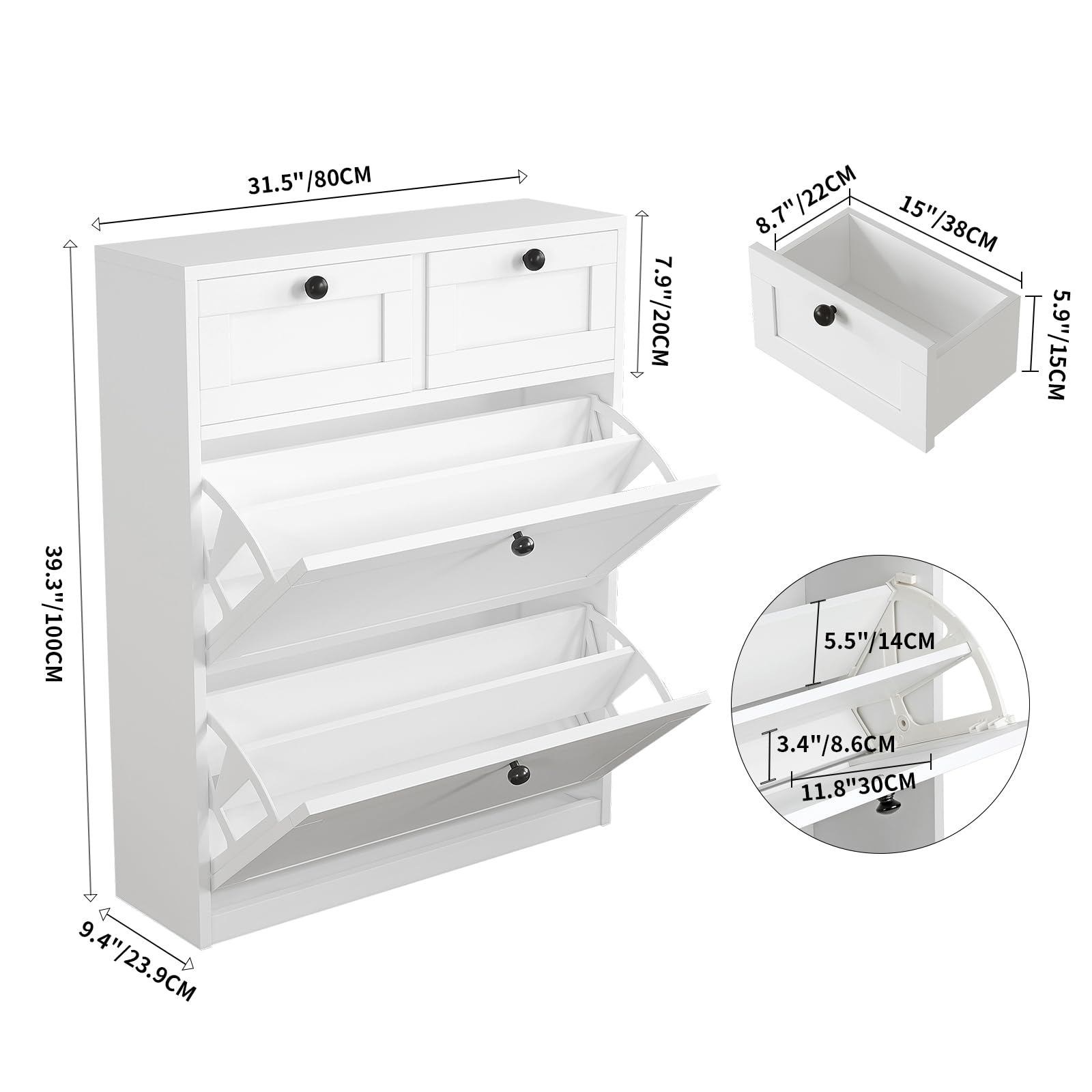VOWNER Shoe Cabinet with 2 Flip Drawers & 2 Drawers, Freestanding Shoe Storage Cabinet with Adjustable Shelves, Shoe Organizer for Entryway, Hallway, Living Room (White)