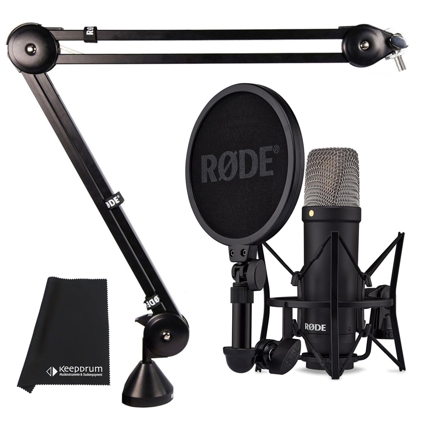 Rode NT1 Signature Black - Micrófono de estudio + trípode de brazo articulado PSA-1 + paño de microfibra keepdrum