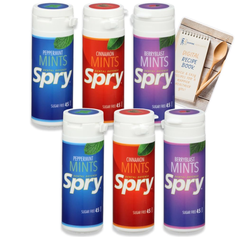 Empire MercanteMint Set with Healthy Recipe Book works with Spry 100% Xylitol Mints Variety Pack of 6, Sugar-Free, Gluten-Free, Natural, Non-GMO Breath Mints for Oral Health, Gum Care, Dental Defense and Dry Mouth Relief 162g total (270 mints)