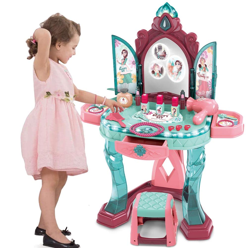 BAKAJI Specchiera Toeletta per Bambine con Sensore di Apertura Porte Set Bellezza Make Up Mobile con Sgabello e Accessori Realistici Gioco con Luci e Suoni con Cassetto Contenitore Sicuro Robusto
