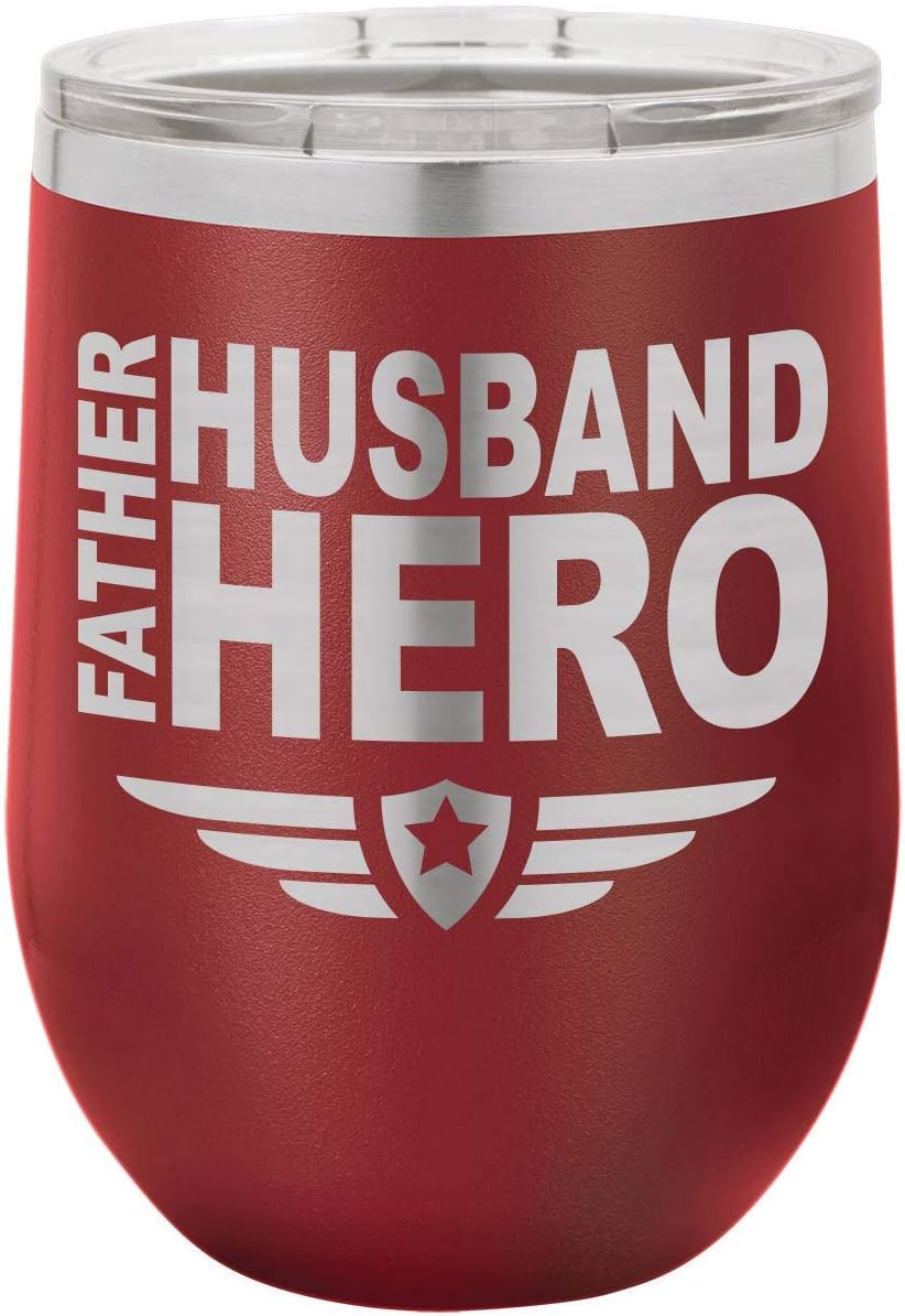 FATHER HUSBAND HERO BLUE 12 oz Stemless Wine Glass with Lid | Laser Engraved Insulated Drink Tumbler With Funny Quotes | Gift Idea Dad For Father's Day & Birthday | OnlyGifts.com