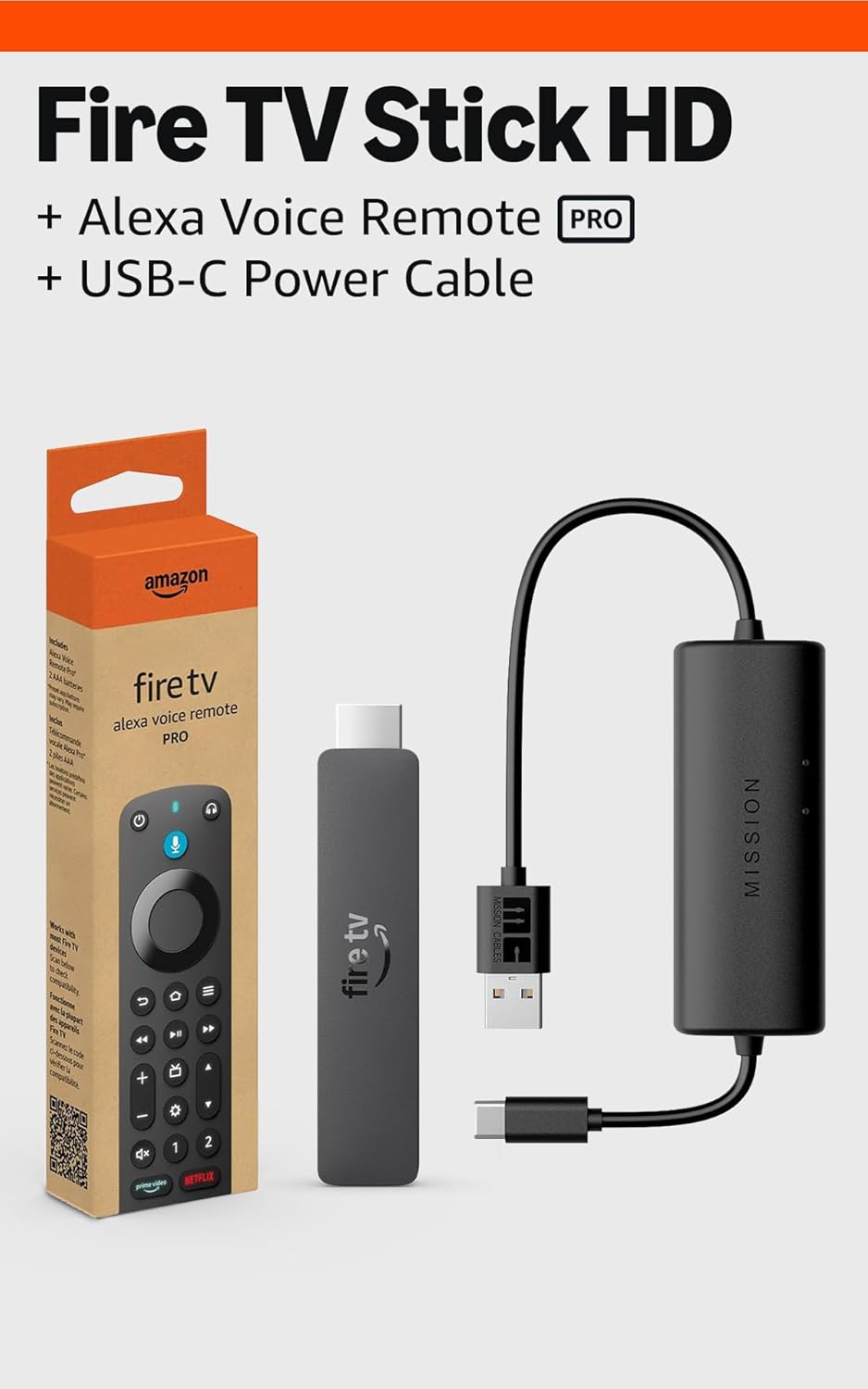Amazon Fire TV Stick HD (newest model) bundle with Alexa Voice Remote Pro and Made for Amazon, USB-C Power Cable (eliminates the need for AC adapter)