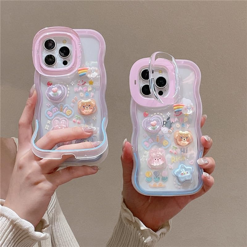 Image of COVERLY 3D Cute Creative Bear Flower Cartoon Rabbit Star Floral Decor Wave Curly Edge Invisible Double Phone Stand Holder Hard Happy Smile Cover Girly Charm Case for Apple iPhone 17 (Pastel Pink)