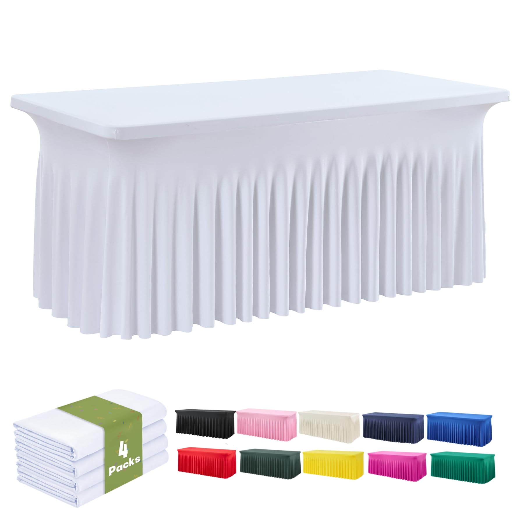 leegleri 4 Pack White Spandex Table Clothes for 6 Foot Rectangle Tables, Wrinkle Free 6ft Fitted Table Cover, Spandex Table Skirt for 6FT Rectangle
