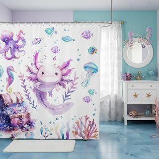Manfei Kids Salamander Animals Bathroom Curtains for Kids Teens Adults,Coral Underwater World Shower Curtains,Cute Axolotl Bath Curtains with 12 Hooks,Waterproof,72" W x 78" L