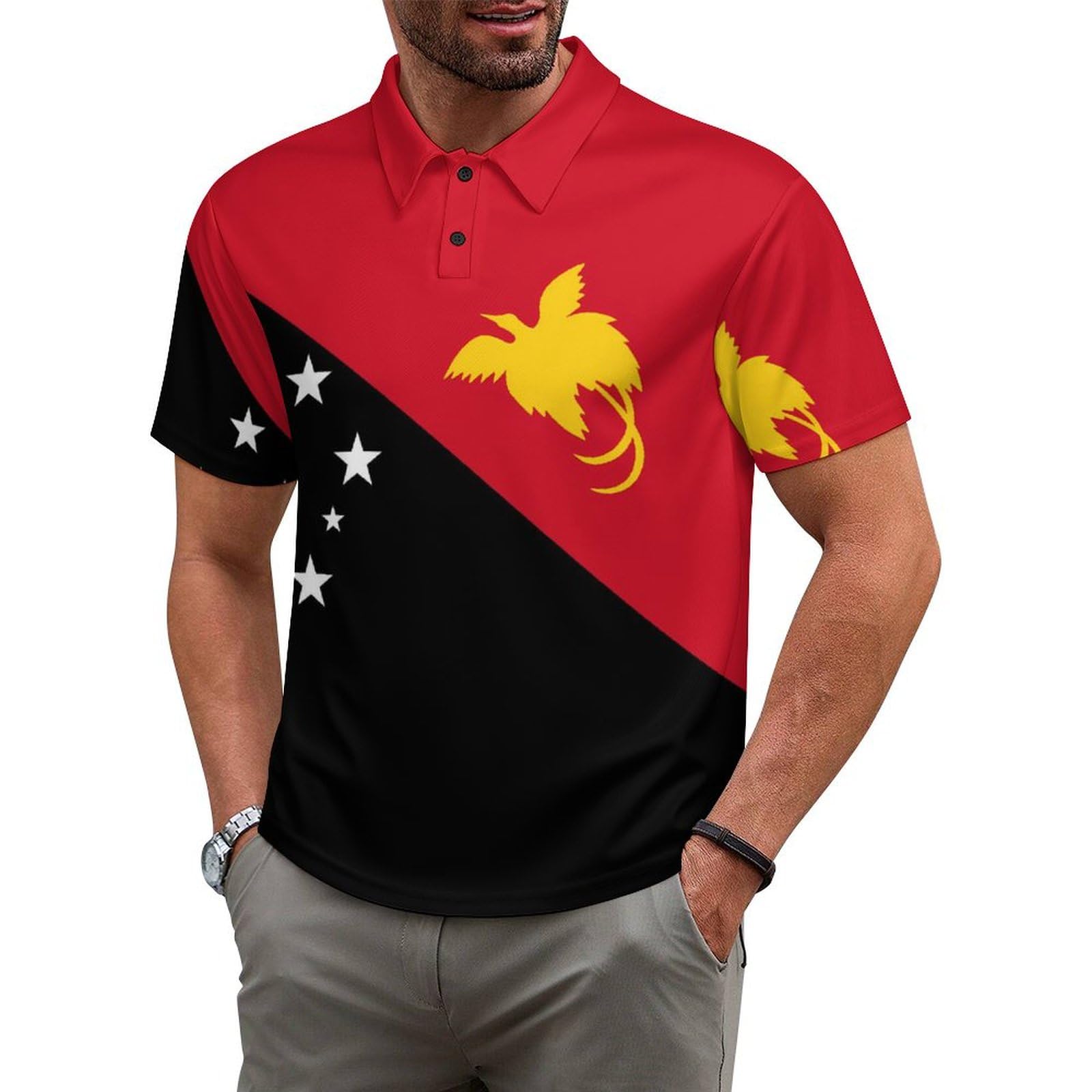 Djngn Men's Guinea Papua New Guinean Flag Polo Shirt Buttoned Tracksuit Golf Tennis Short Sleeve