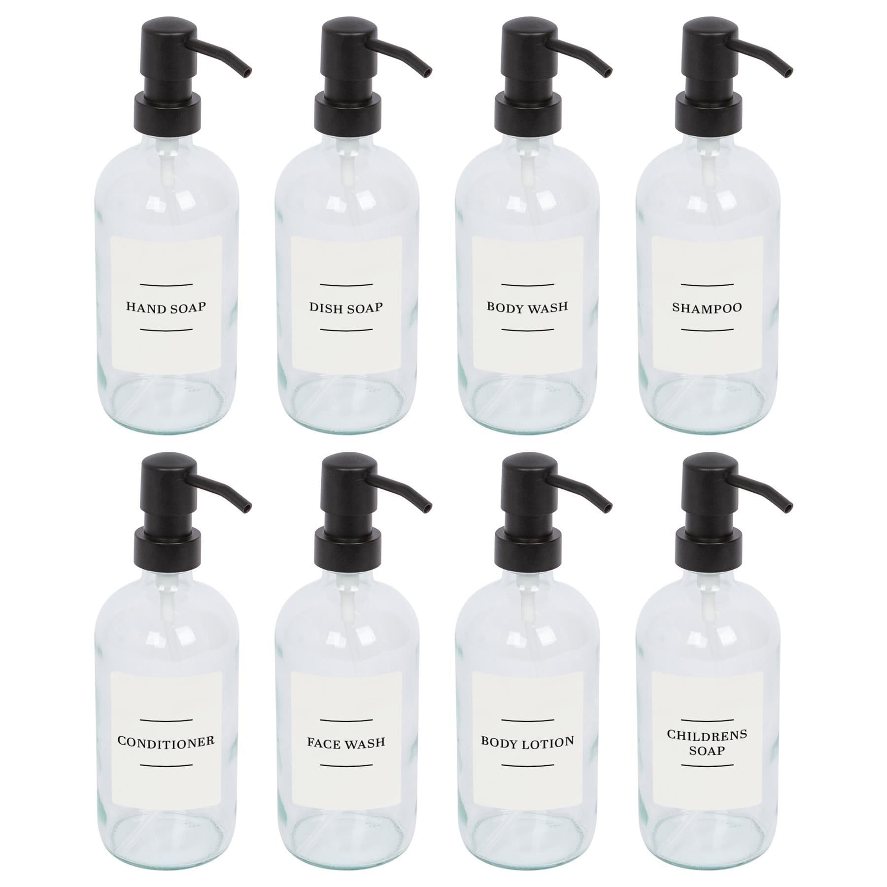 Harbour Housewares Transparent Glass Soap Dispensers With Labels Pack Of 8-500Ml Clear Refillable Bottles With Black Pumps And White Labels - Bathroom And Kitchen Accessories For Hand Wash, Lotion Or Sanitiser