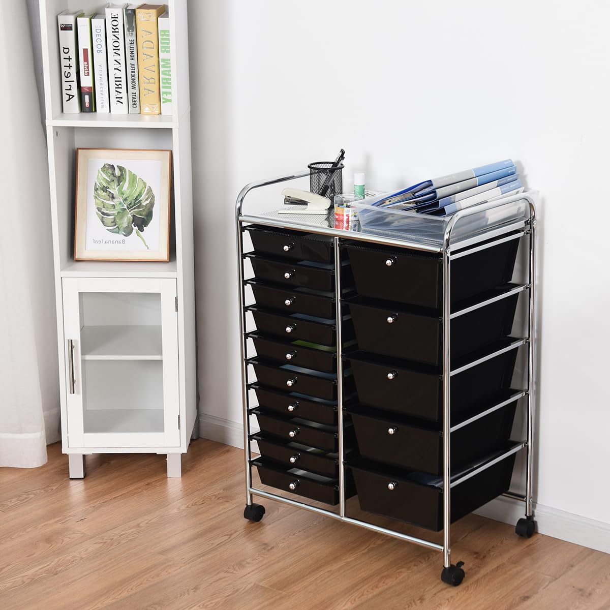 KOMFOTTEU Carrello con 10/15 cassetti impilabile, carrello da bagno con telaio in metallo, carrello multiuso per bagno e cucina (Nero, 5 cassetti)
