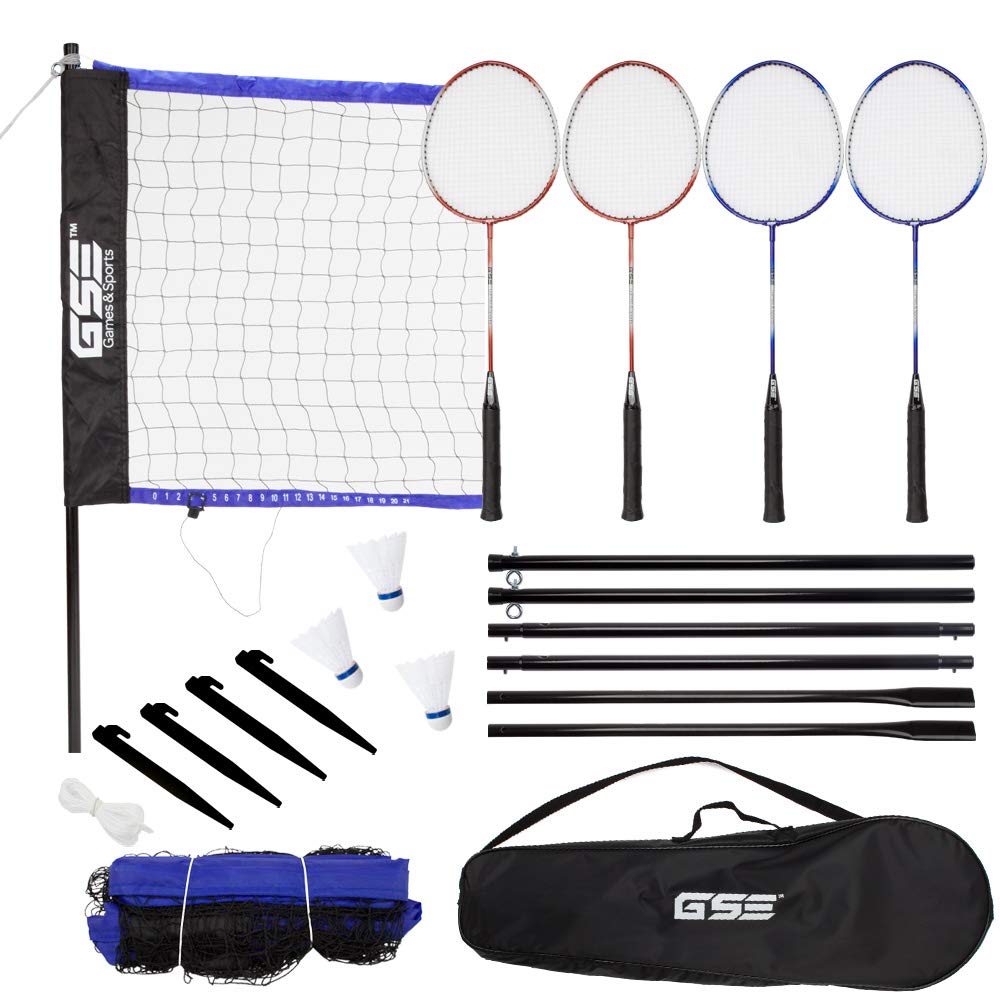 Badminton Complete Set, 4 Players Outdoor Sports Game Set with Portable Badminton Net, 4 Badminton Rackets, 3 Shuttlecocks & Carrying Bag(2 Style)