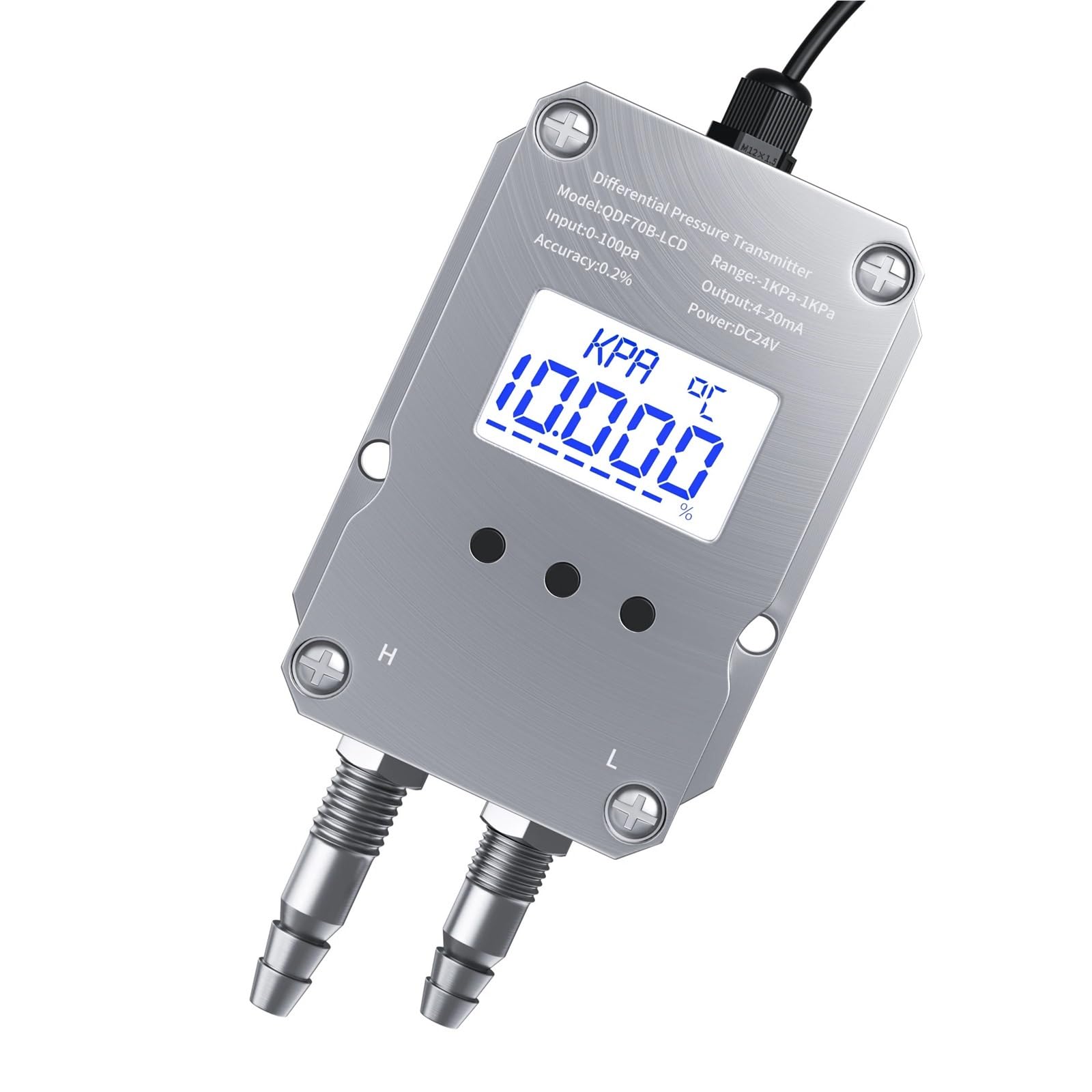 Transmisor de presión diferencial LCD 4-20 mA, sensor viento, aire Alta precisión(0-30KPa)