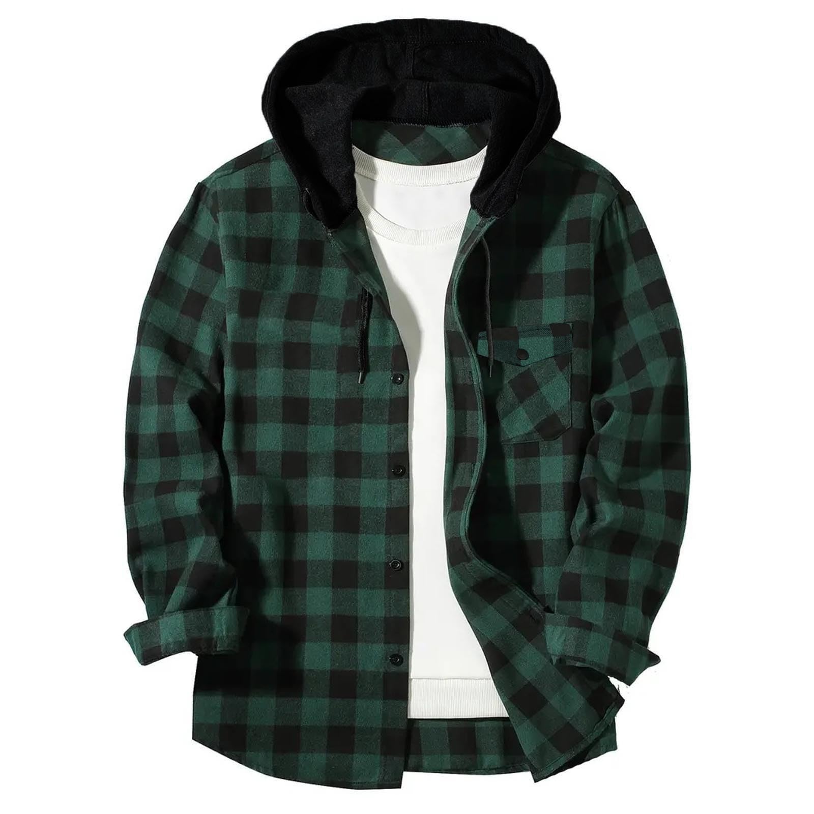 Shirts for Men Long Sleeve Fashion Casual Button Down Plaid Shirt Drawstring Hooded Jackets Lightweight Shacket 2026 — view 8