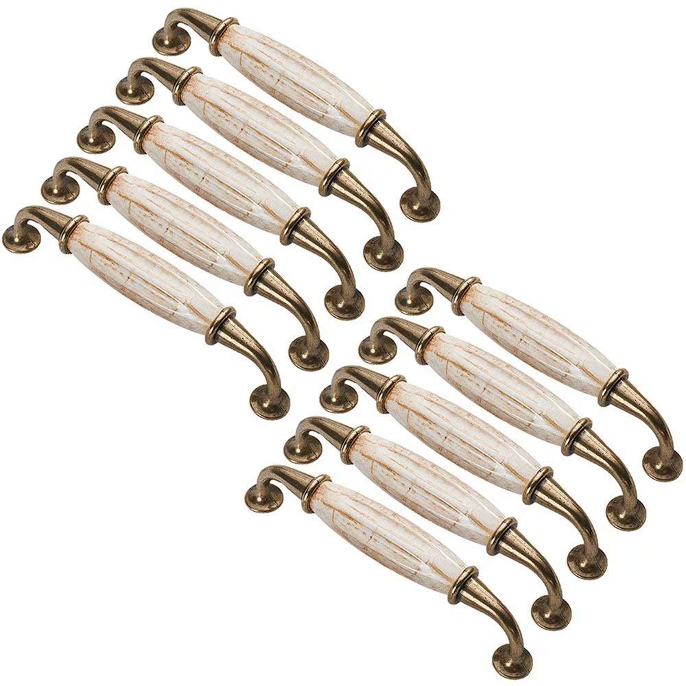 Fbshop(Tm) Hole Distance 128Mm 10Pcs Vintage Marble Ceramic Cabinet Pulls Zinc Alloy Pulls Handles Knobs,Traditional Drawer Cabinet Handle,Bedroom Bathroom Washroom Kitchen Hardware
