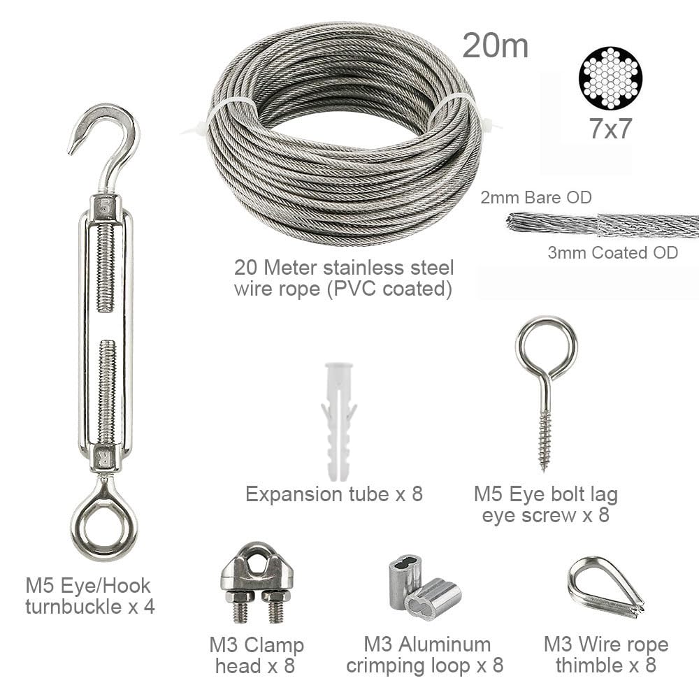 Kits de Câble en Acier Inox, 20m Câble Acier Galvanisé, Kit de Câble Métallique avce Tendeur Oeil-crochet M5, Attaches pour Câbles Métalliques, Manchons de Sertissage, Pitons Fermé, Cosse Coeur