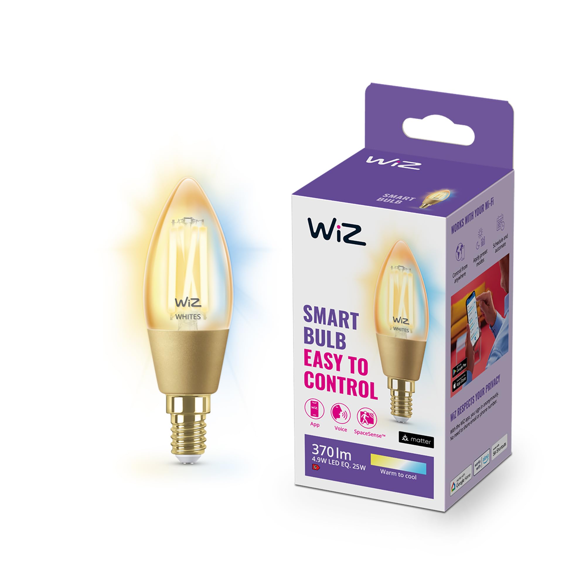 WiZ Filament White Ambiance Candle [E14 Small Edison Screw] Smart Connected WiFi Light Bulb. 25W Warm to Cool White Light, App Control for Home Indoor Lighting, Livingroom, Bedroom.