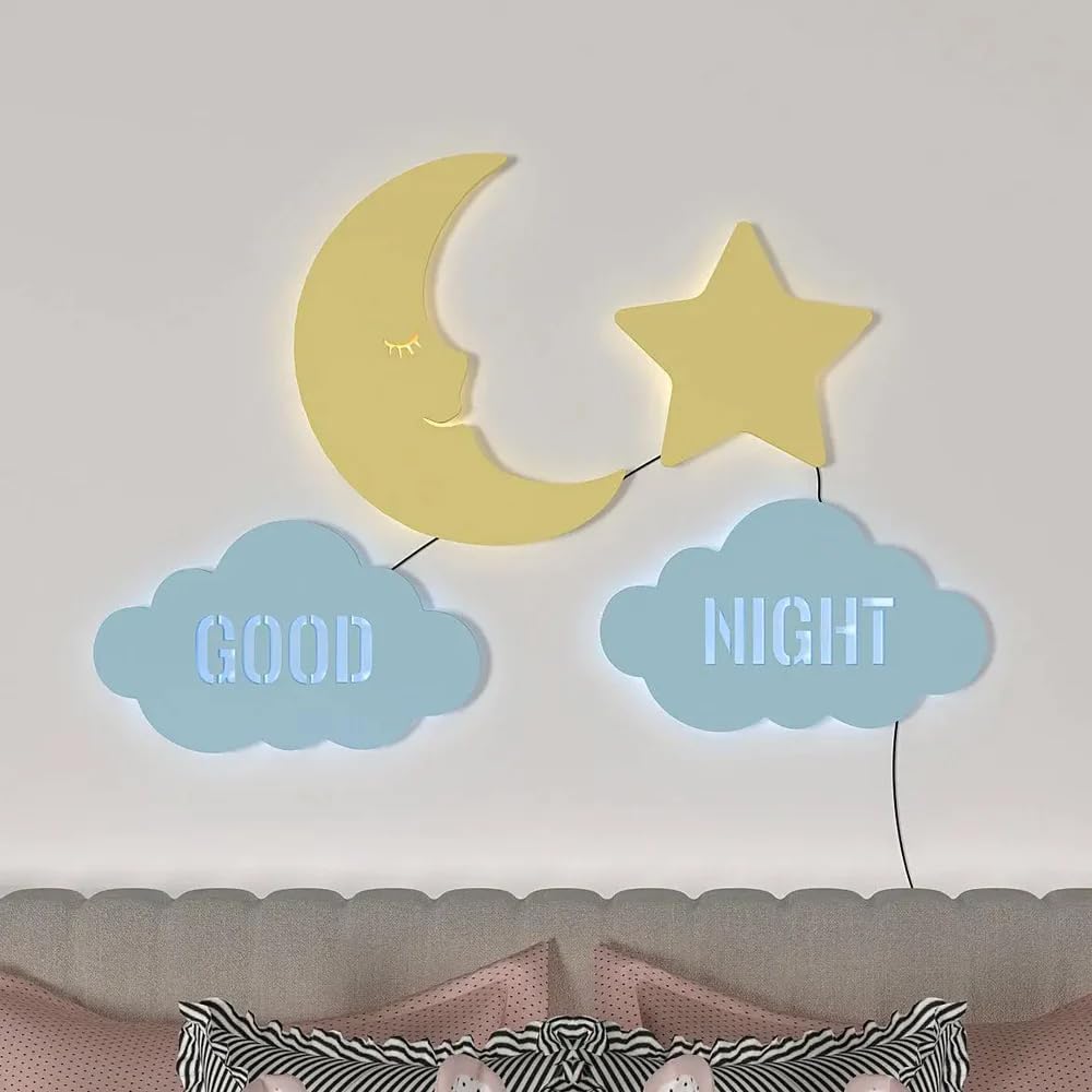 DEKORSTATION Good Night Moon & Star Wooden Wall Decorative Backlit for Kids Room Décor 1