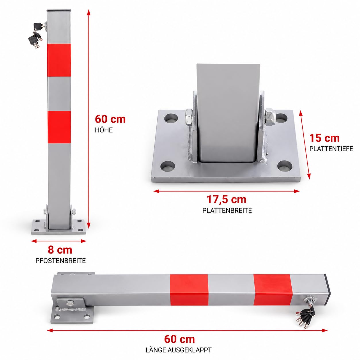 RMAN Parkpfosten mit 5 Schlüssel Absperrpfosten klappbar Parkplatzsperre | 60cm Hoch, Stabile Parkplatzsperre, aus Stahl Reflexionsstreifen, für gute Erkennbarkeit, Silber-Grau-Rot