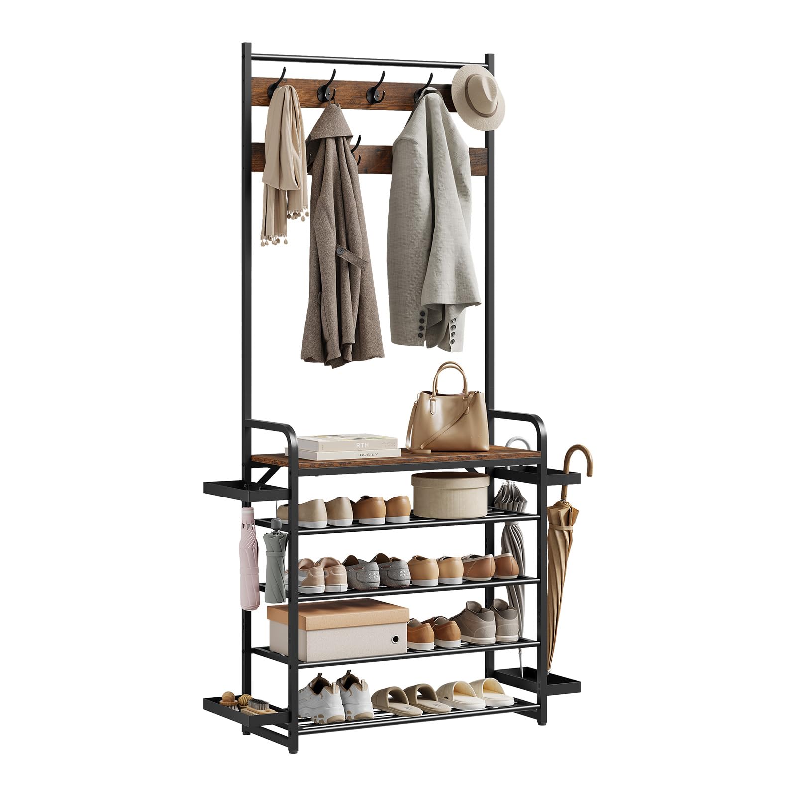 WOLTU 4-in-1 Coat Stand with Shoe Rack and Umbrella Stand, Coat Rack for Hallway/Bedroom, 80x30x190 cm, Engineered Wood Top Panel and Metal Frame, Rustic Brown + Black