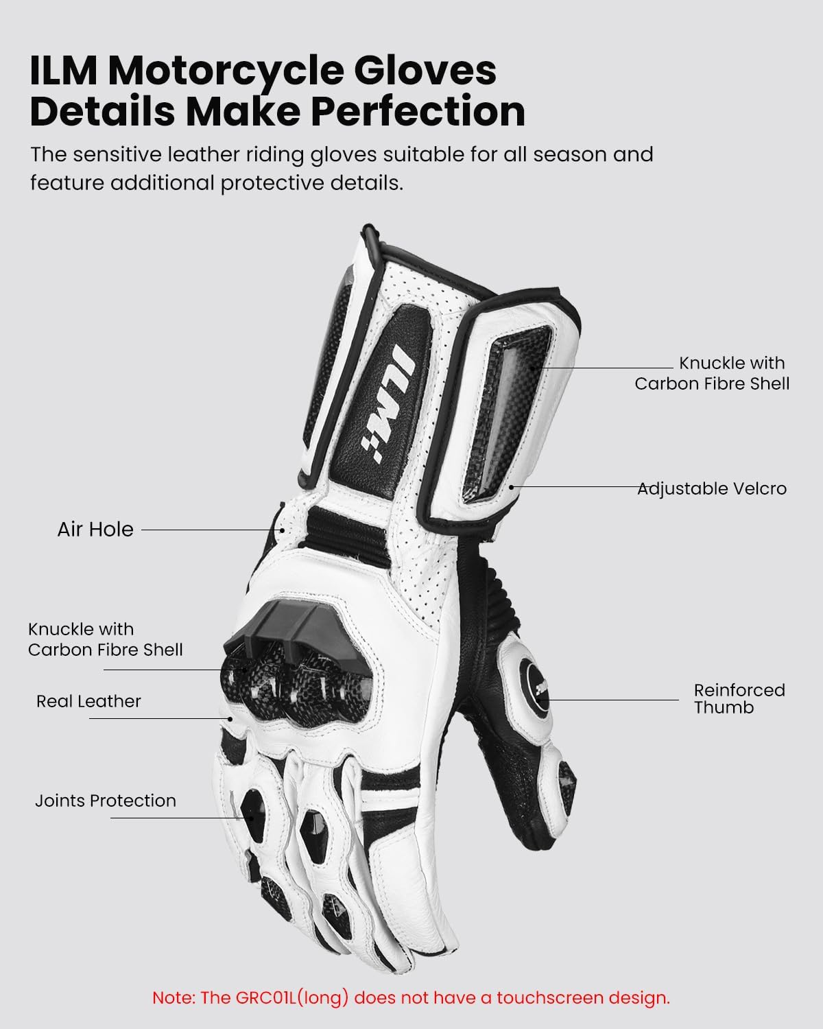 ILM Air Flow Leather Motorcycle Gloves for Men and Women Model-GRC01L (M, White-Long)