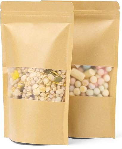 Bolsas resellables de pie, bolsas de papel de estraza, paquete de 140 (4.7 x 7.9 pulgadas), bolsas de café, bolsas de embalaje con ventana, bolsas