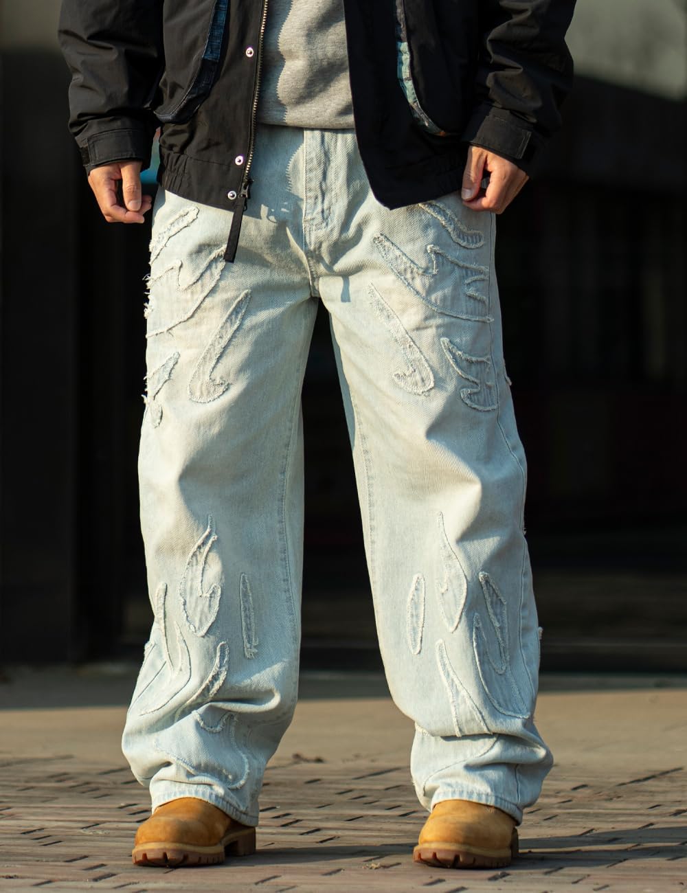 Nutriangee Men's Baggy Wide Leg Jeans, for Men Women Y2k Hip hop Fringe Frayed Edges Streetwear Embroidered Denim Pants - Image 2