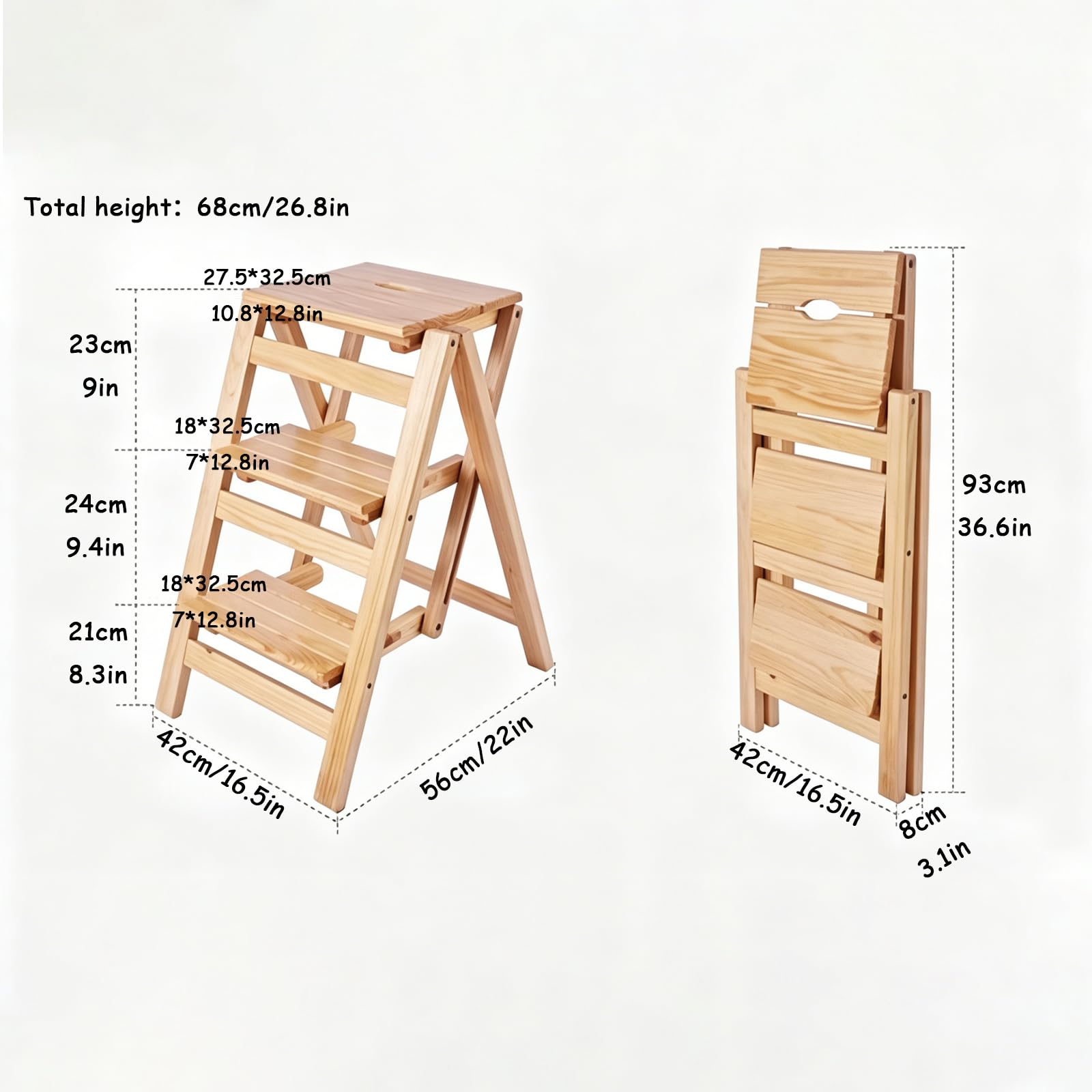 Sgabello Pieghevole con Scaletta a Tre Gradini, Sgabello Multifunzionale in Legno Massello, Scala da Arrampicata Portatile, Adatto per biblioteche, Uffici, Case, All'aperto Black