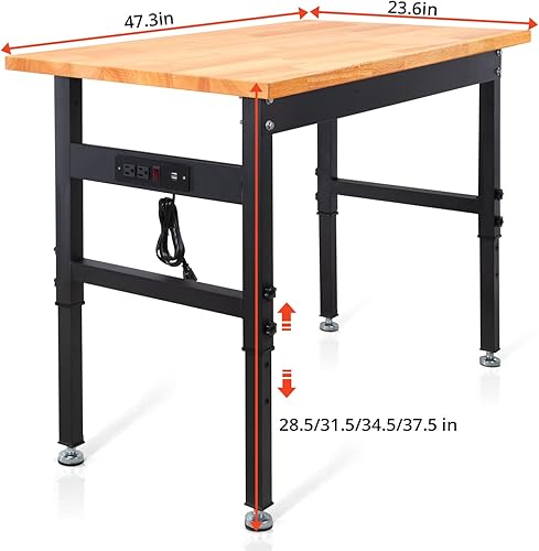 Miniatura 4 de Banco de trabajo, banco de trabajo de altura ajustable, mesa de trabajo de madera de roble resistente con tomas de corriente para garaje, taller,