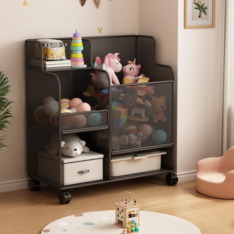 Kids Storage Rack – Multifunctional Toy Shelf & Bookshelf for Baby Toys, Space-Saving Toy Organizer, Modern Nursery Furniture, Montessori Toy Organizer, Black