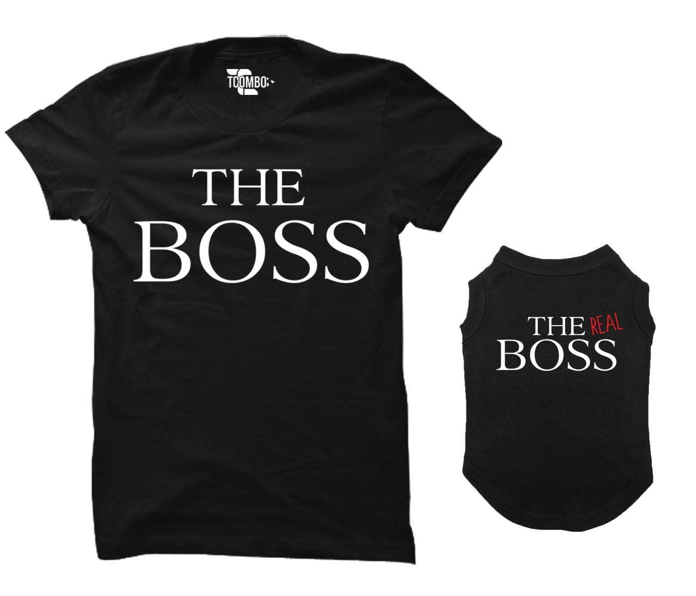 The Boss/The Real Boss Matching Dog Shirt & Women's T-Shirt (Black, Small Womens/Large Dog)