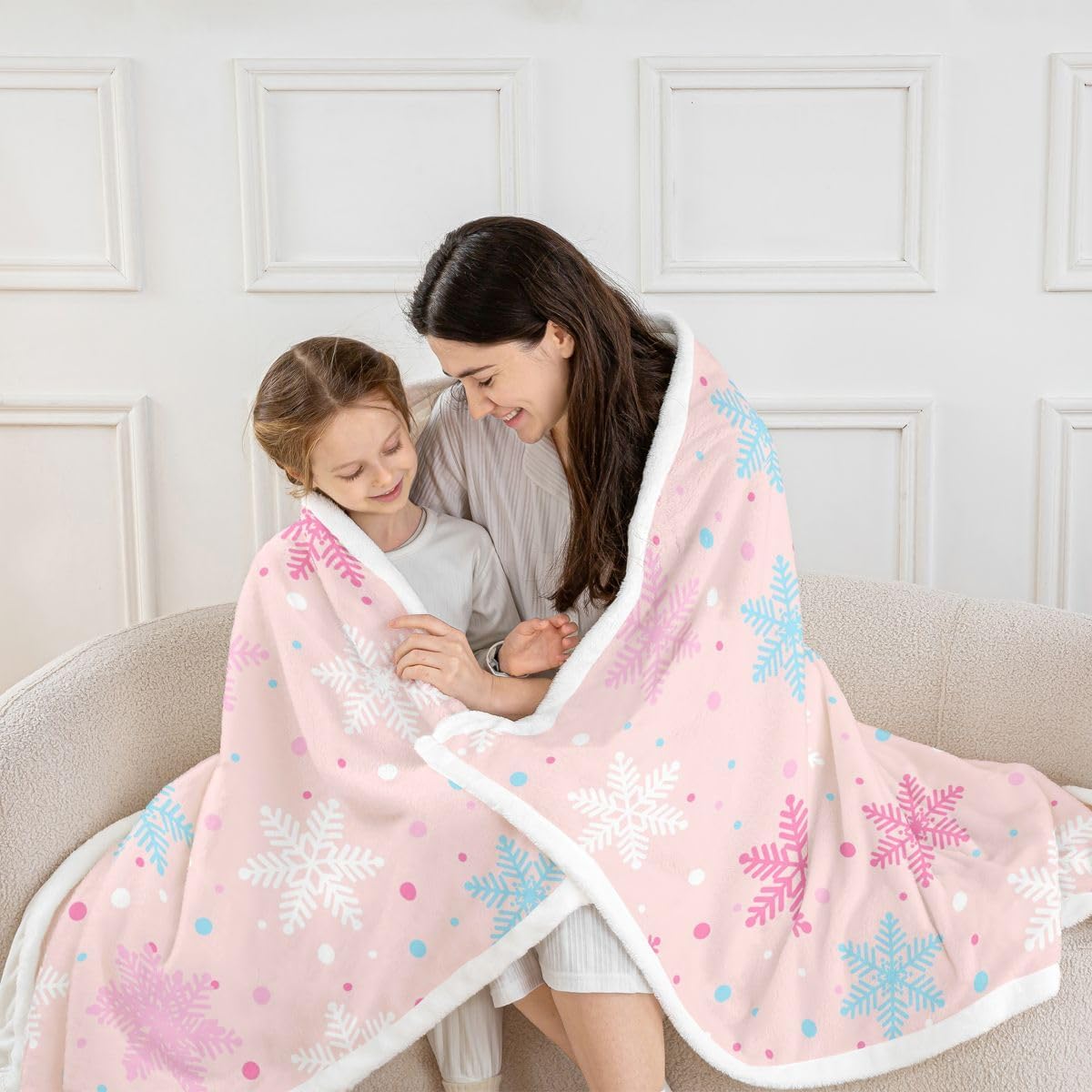 jejeloiu Pink Sherpa Blanket - Twin 60"x80" Xmas Snowflake Fleece Throw for Kids Boys Girls Winter Theme Plush Blue White Pink Fuzzy Bedroom Flannel Blanket