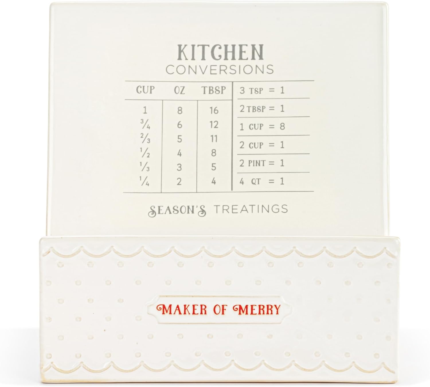 DEMDACO Baking Holiday Memories, Maker of Merry, Kitchen Conversions, Classic White 7 x 6 Inch Stoneware Embossed Detail, Christmas Cookbook and Tablet Stand
