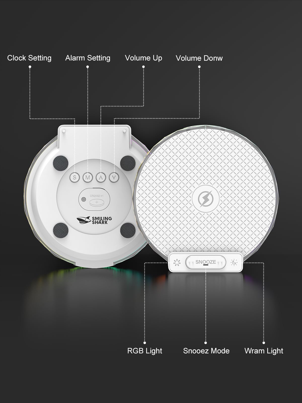 Smiling Shark Lichtwecker, Nachttischlampe Wecker Kabelloser Ladestation mit Touch Steuerung 3 Stufen und RGB-Modus LCD-Display Ladegerät Wecker Licht Nachttischlampen für Schlafzimmer Zuhause-Deko | WKL-02 Nachttischwecker Licht mit 3 Nachtlichtern und R