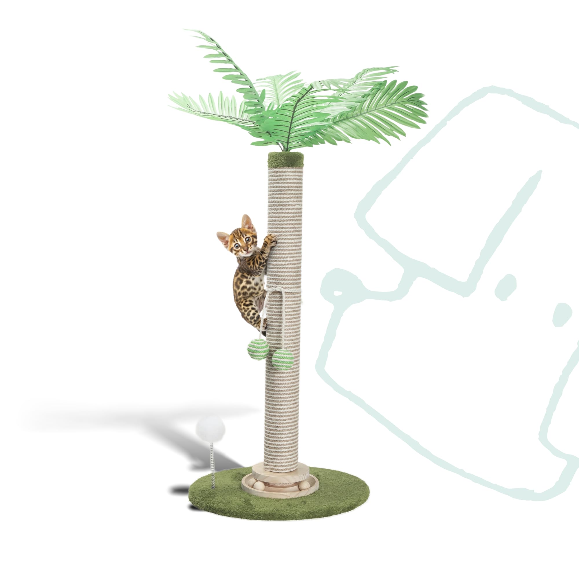 POMESEA Cat Scratching Post 34 Inch with Rotating Turntable and Removable Hanging Ball, Cat Scratcher for Indoor Cats, Ultra Stable Base, Paw-Friendly Jute Material, Green Base
