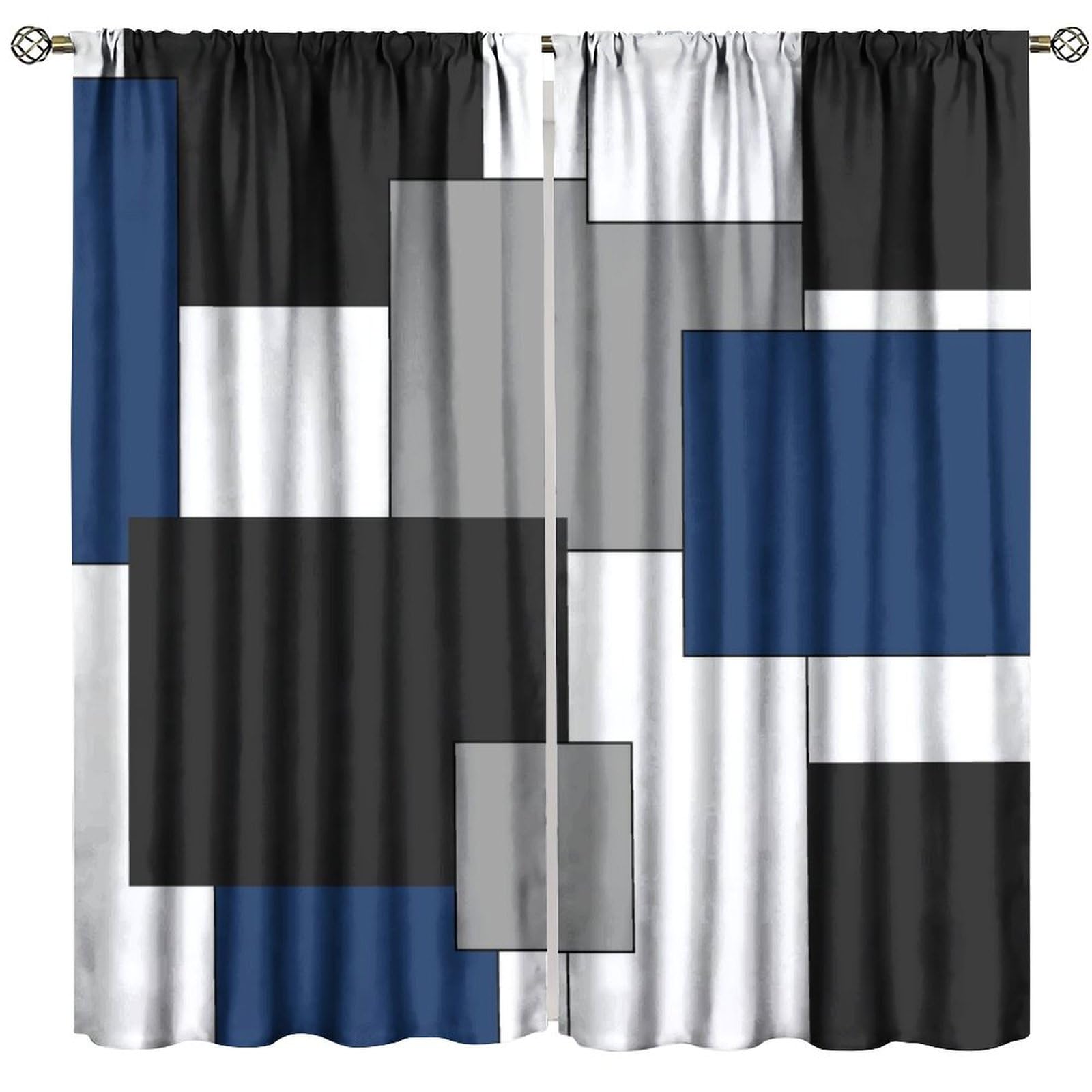 PHTAYOT Geometric Navy Blue Curtains, Modern Abstract Checkered Black Grey White Print for Room Window Decor, Rod Pocket Blackout Drapes for Living