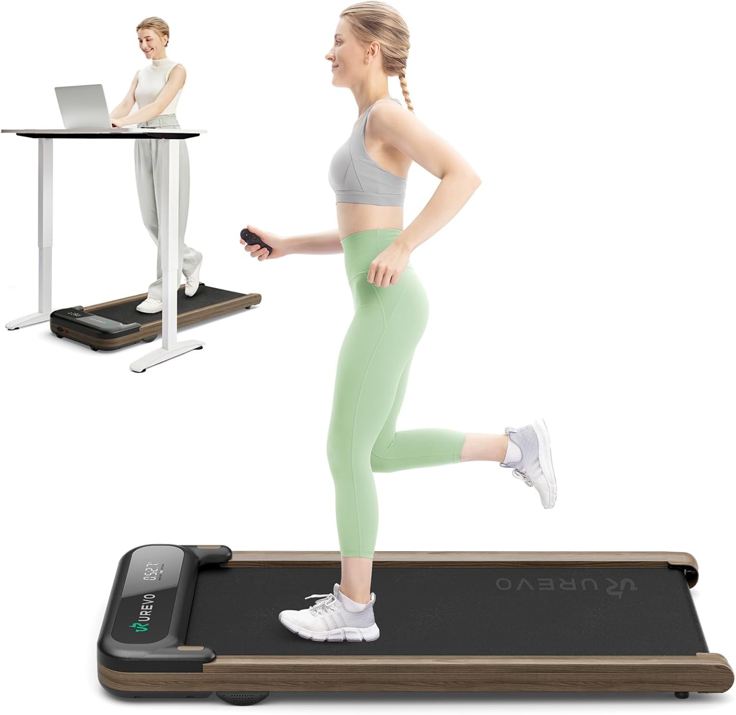 E4W Walking Pad with MIIT Modes, Wooden Treadmill UnderDesk, Treadmills for Home Plug and Play Jogging Machine with HiveTech Cushioning, Smart APP Remoter and LED Display Black wooden