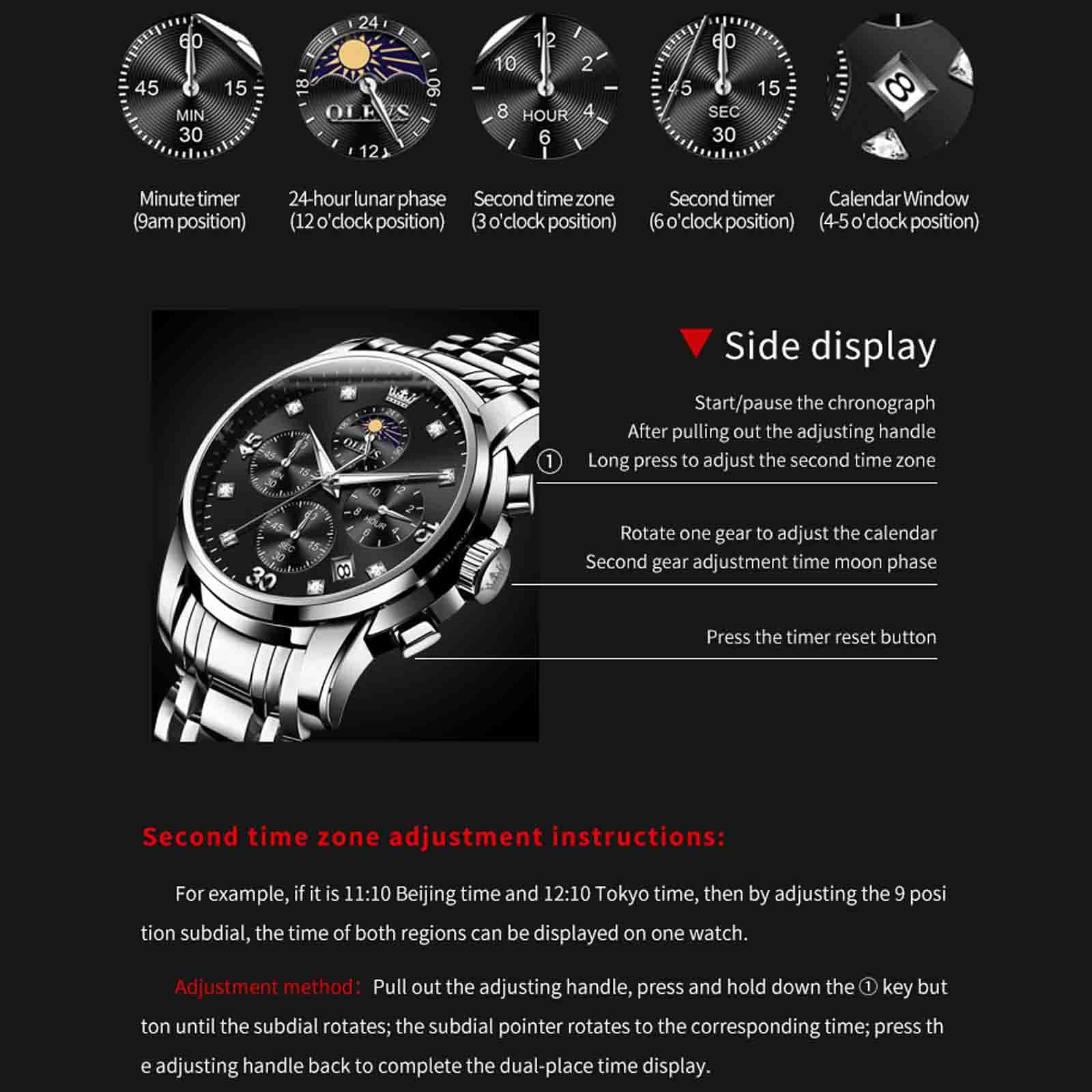 OLEVS Montre Multifonction pour Homme, Multi-Cadrans, étanche, chronographe Lumineux avec Date, Montre en Acier Inoxydable pour Homme, Montres de Luxe à Phase de Lune