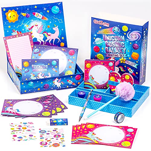 GirlZone Unicorn Cosmic Galaxy Writing Set for Girls, 45 Piece Kids Stationary Set, Top Stationary Set for Writing Letters Unicorn Gift for 10 Year Old Girl, Ideal Birthday