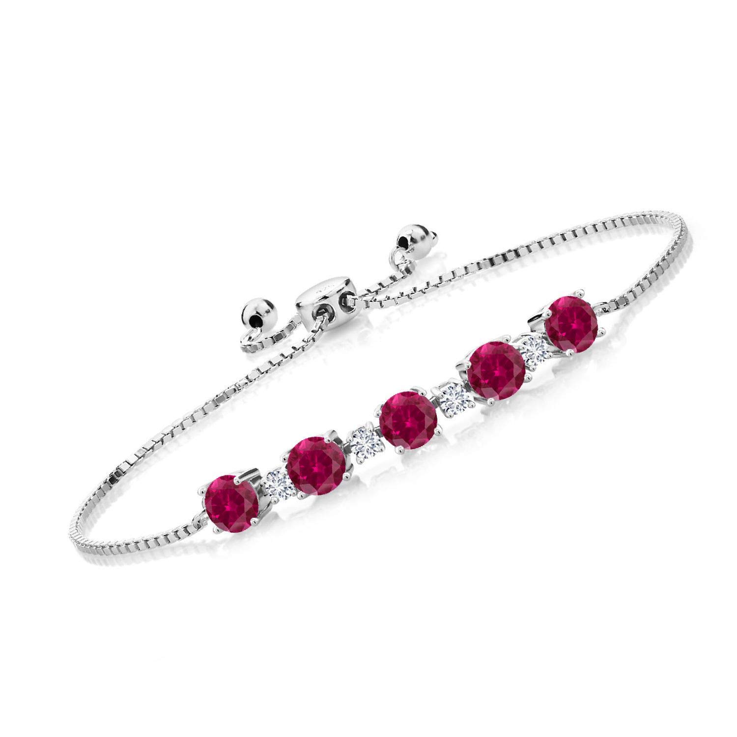 Gem Stone King925 Sterling Silver Red Created Ruby and White Lab Grown Diamond Tennis Bracelet For Women (5.26 Cttw, Fully Adjustable Up to 9 Inch)