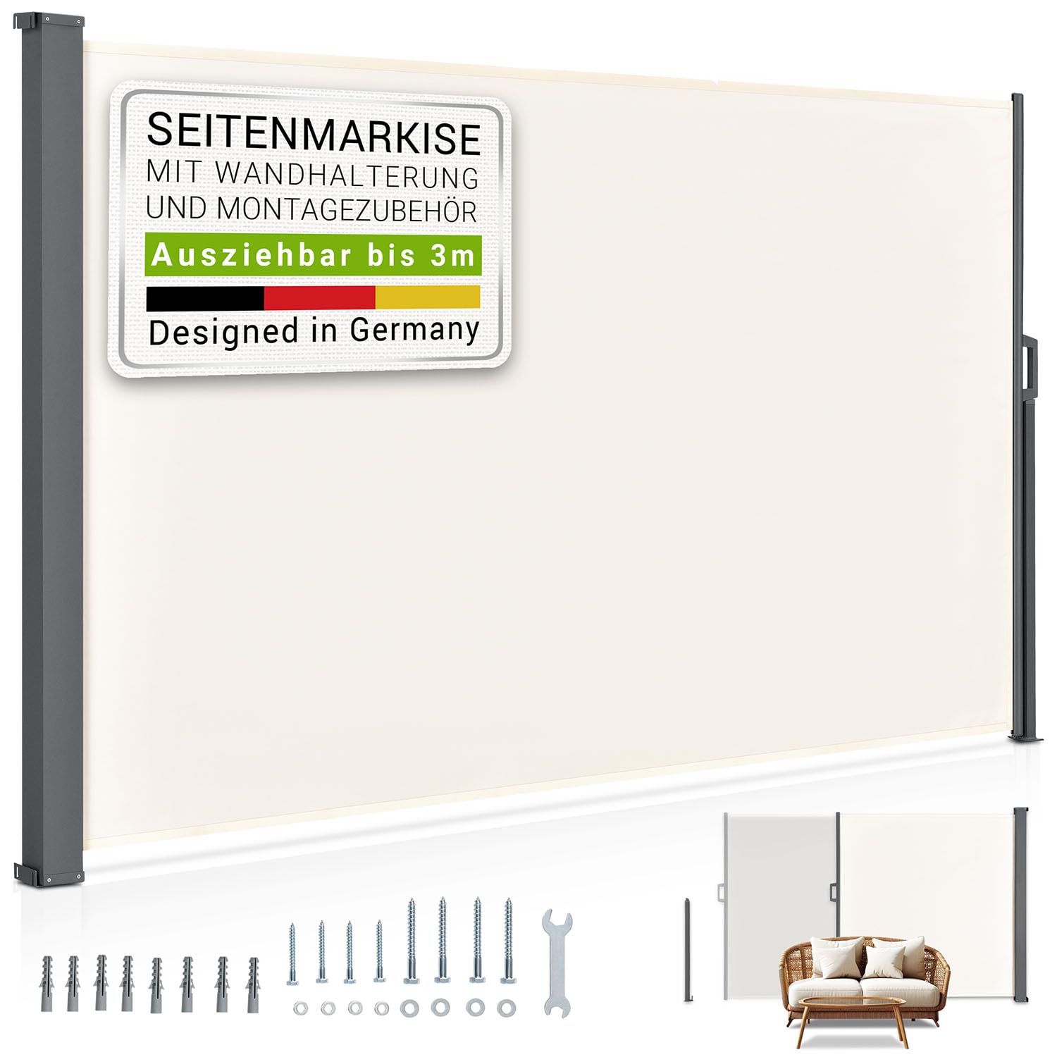 Juskys Seitenmarkise Beige – 200 x 300 cm, ausziehbar, Blickdicht