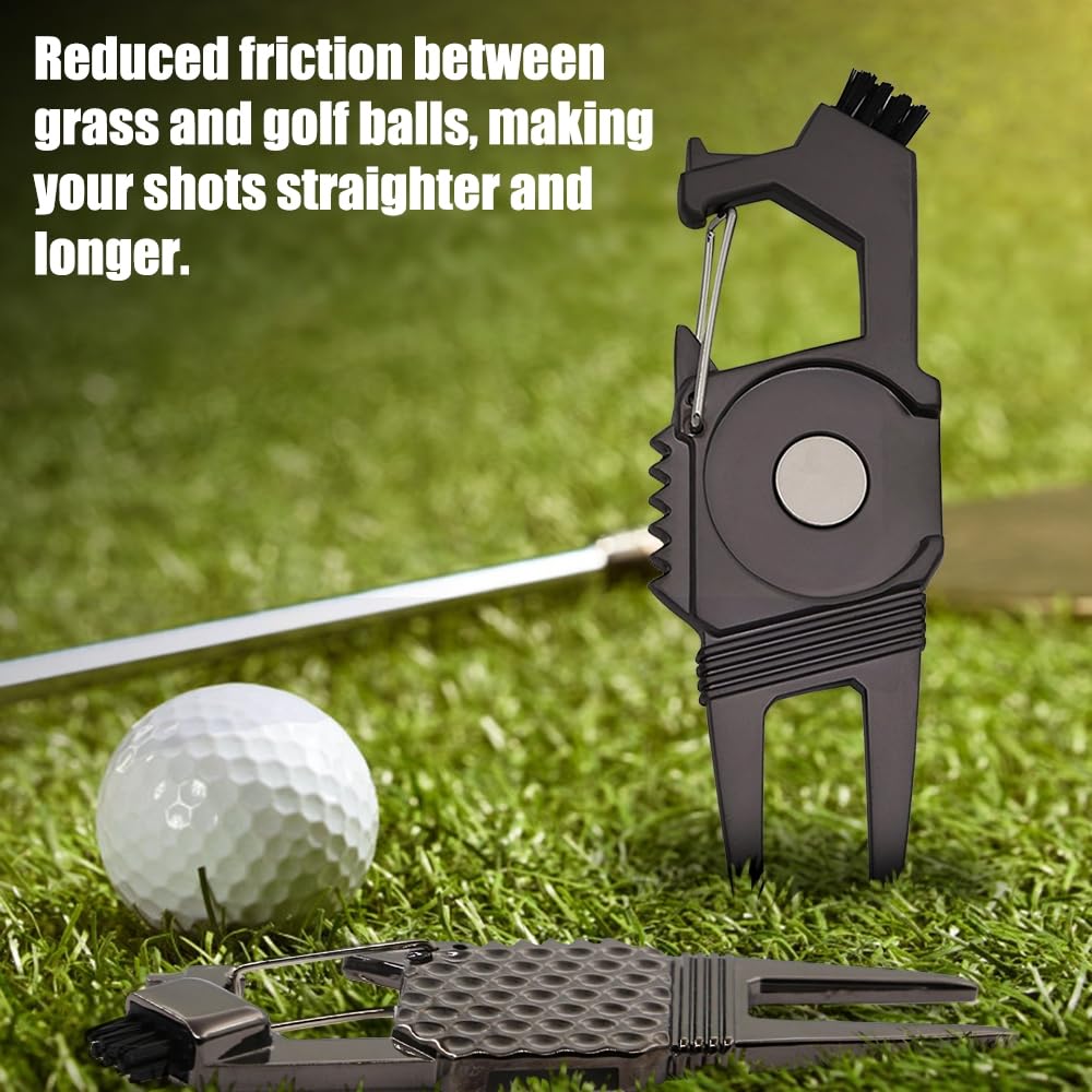MiOYOOW - Juego de 2 herramientas de reparación de golf (divot golf, tenedor de golf con marcador de pelota de golf magnético/abridor de botellas/función de cepillo de club, accesorios de golf para