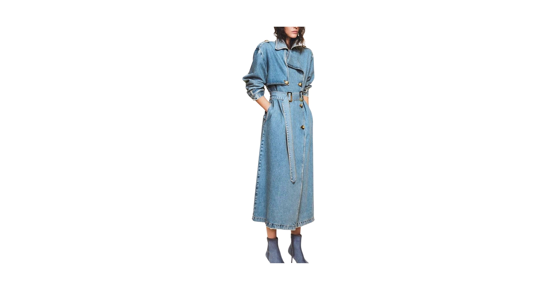 Kwoki Women's Double Breasted Long Denim Trench Coat Fashion