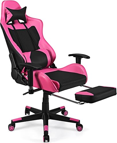 Silla de videojuegos, silla de jugador con reposapiés, soporte lumbar de masaje de piel sintética, ergonómica, respaldo alto, silla de oficina,