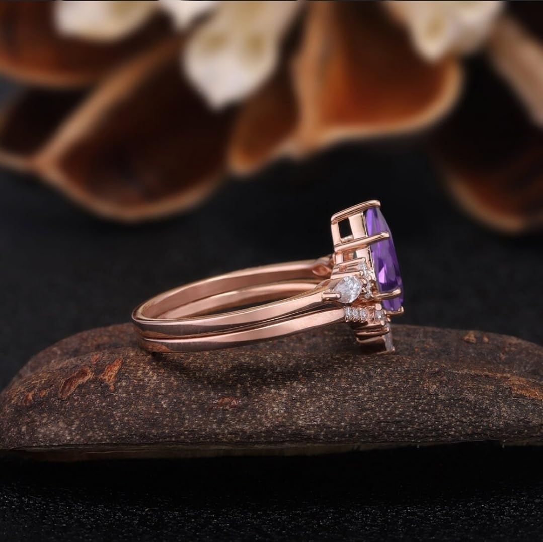 Art deco Kite Cut amethyst Ring Set Wedding ring Set Promise ring Engagement Ring set womens ring 2pcs anniversary ring set