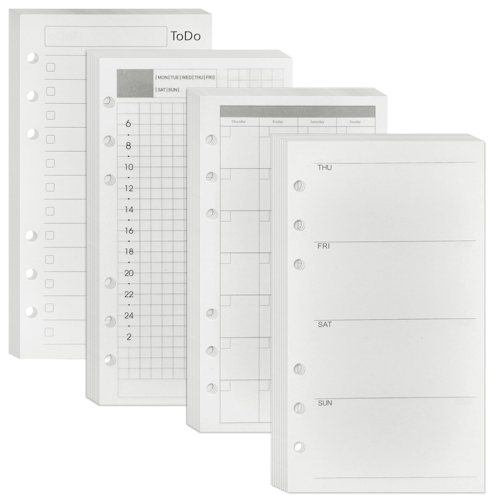 DY.2ten A6 Refill Paper 4 Pack Undated Daily, Weekly, Monthly Plan and To Do List, 6-Hole Punched Planner Inserts, 180 Sheets/360 Pages 100gsm, Notebook Binder Inserts, 3.74" × 6.69"