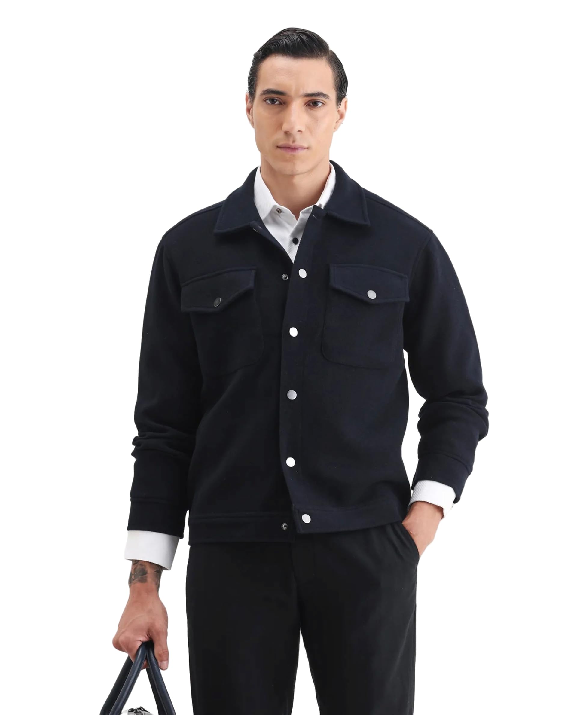 rare rabbit Men Regular Textured Navy Polyester Blend Snap Button Jacket-picture-12
