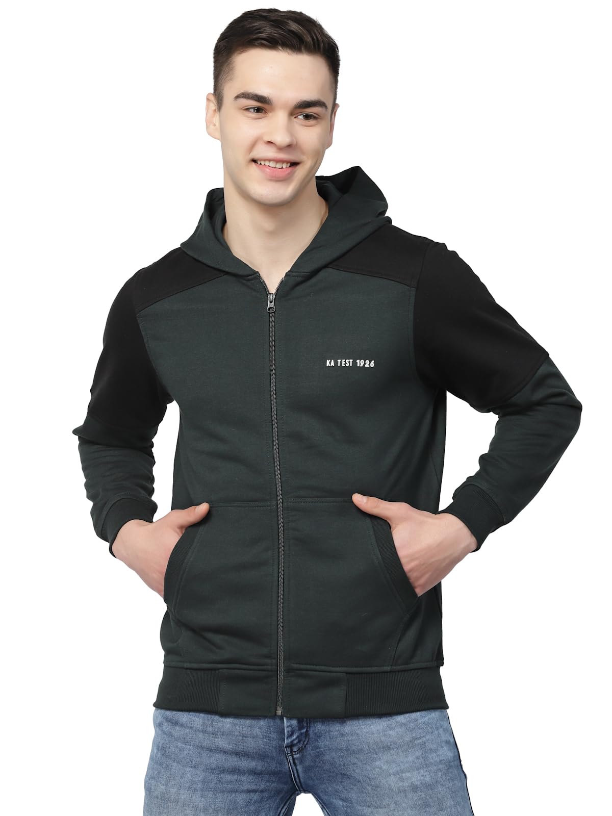kalt Men's Full Sleeves Zipper Fleece Colour Block Hoodie-picture-39