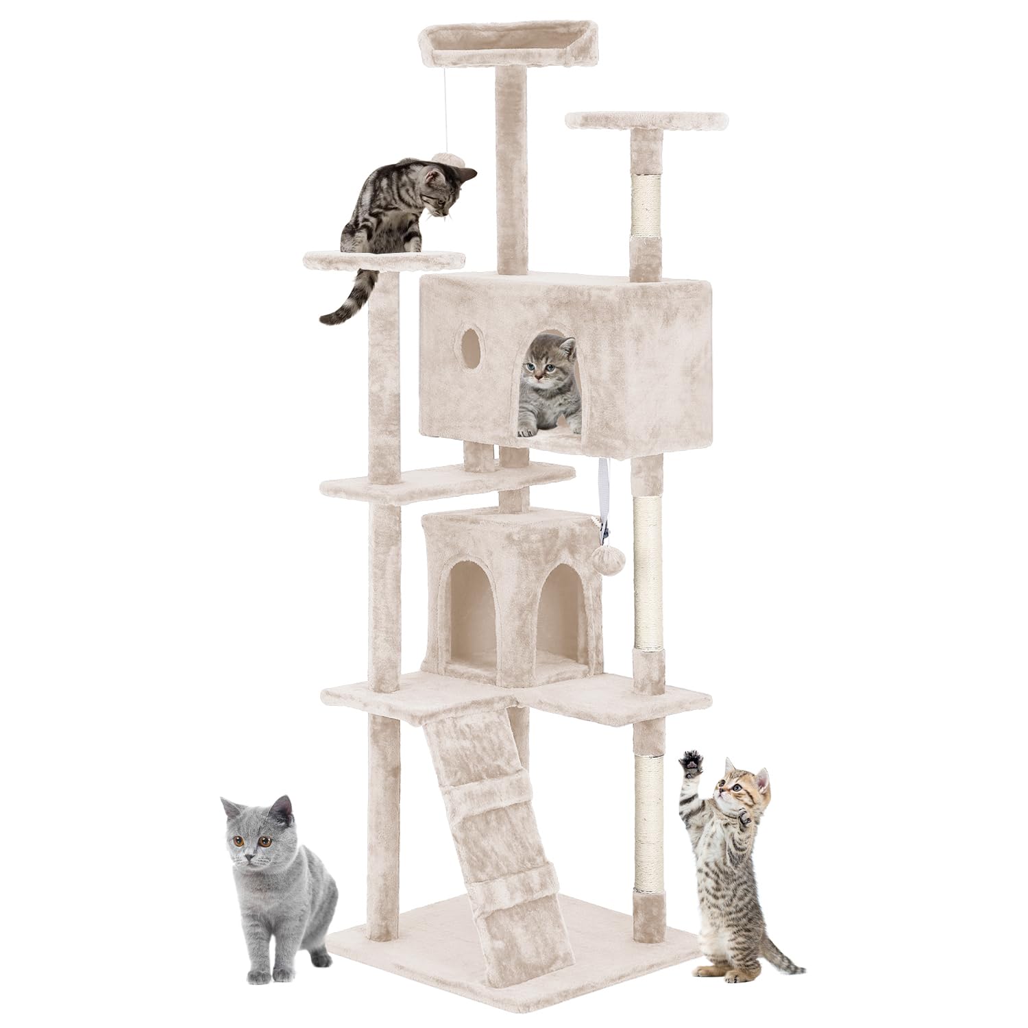 Dopinmin Cat Tree 69.3 inches Cat Tower for Indoor Cats Cat House with Replaceable and Removable Dangling Ball Cat Trees and Towers with Funny Toys,